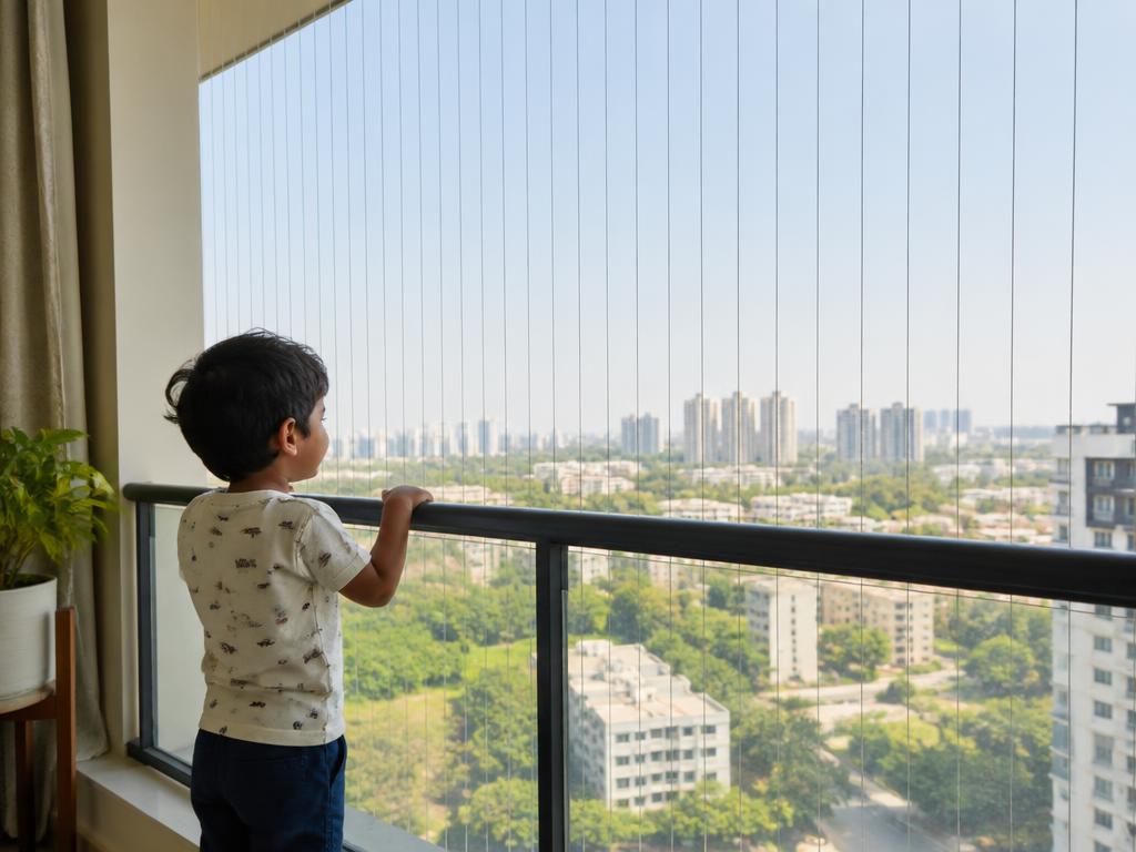 Child standing safely behind a balcony invisible grill — Kovur